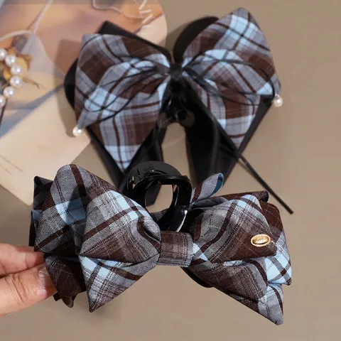 Korean Style Plaid Bow Hair Claw Clip For Women Vintage Academic Multi Layer Artificial Pearl Tassel Shark Clip Autumn Winter Hair Accessories
