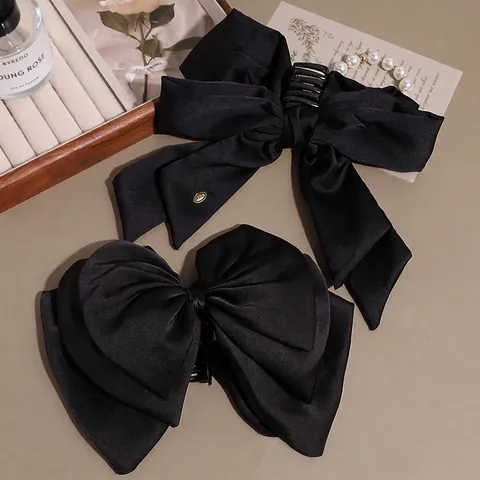 Pinza de Pelo de Lazo de Satén Negro Grande Vintage Francés Para Mujer Accesorios de Peinado de Lazo Elegantes