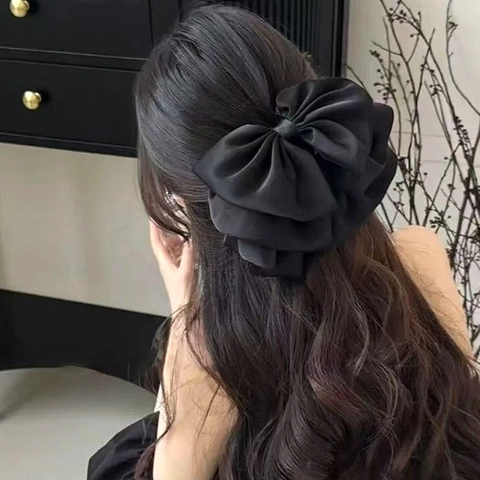 Pinza de Pelo de Lazo de Satén Negro Grande Vintage Francés Para Mujer Accesorios de Peinado de Lazo Elegantes
