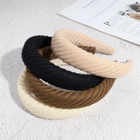 Vintage Chunky Knitted Padded Headband For Women Twisted Ribbed Solid Color Thick Autumn Winter Hair Band Accessory