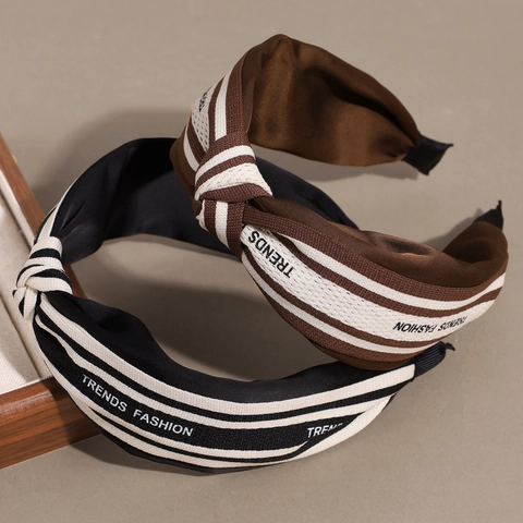 Korean Style Striped Letter Knotted Wide Headband Fashion Fabric Hair Hoop Daily Autumn Winter Headwear For Women Jewelry