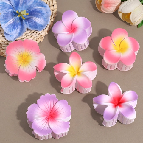 Pince à Cheveux Fleur de Plumeria Dégradé Mat Style Vacances Plage Hawaïenne PVC Grande Pince Antidérapante pour Femmes
