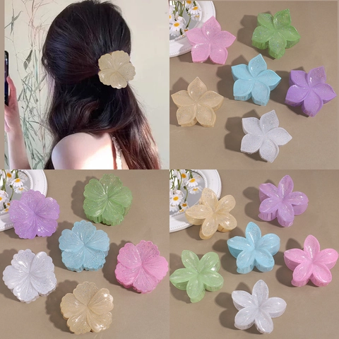 Glitter Flower Hair Claw Clip Plastic Sweet Floral Shark Clip Macaron Color Hair Catch For Women Girls Vacation Hair Accessory