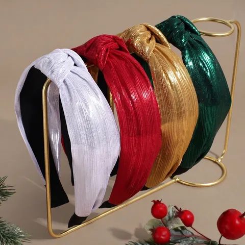 Damen Metallisch Glänzender Stoff Knoten Haarreif Breites Gepolstertes Haarband Weihnachtsfeier Haarschmuck Gold Silber Rot Grün