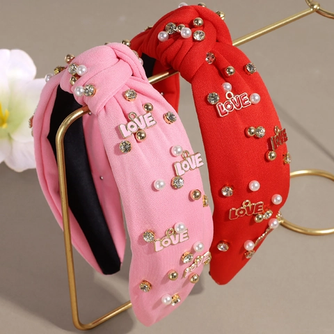 Diadema Anudada de Punto para Mujer Perla Artificial Strass Decoración Letra LOVE Dulce Diadema para el Pelo San Valentín
