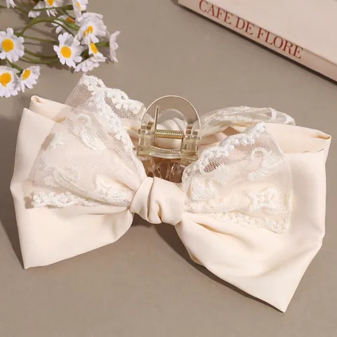 Grande Molletta per Capelli con Fiocco in Pizzo Nastro di Raso Artiglio Squalo Elegante Crema Beige Accessori Donna