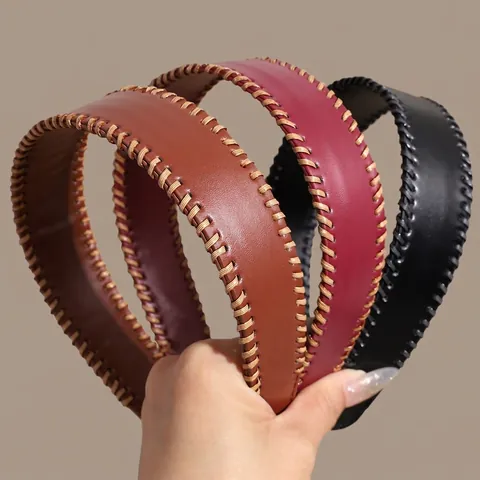 Vintage PU-Leer Breed Stirnband Voor Dames Handgestikt Effen Kleur Haarklem Boheems Winter Herfst Dagelijkse Hoofddeksels