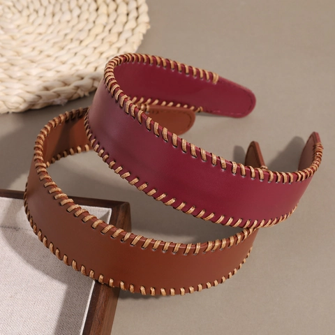 Vintage PU-Leer Breed Stirnband Voor Dames Handgestikt Effen Kleur Haarklem Boheems Winter Herfst Dagelijkse Hoofddeksels