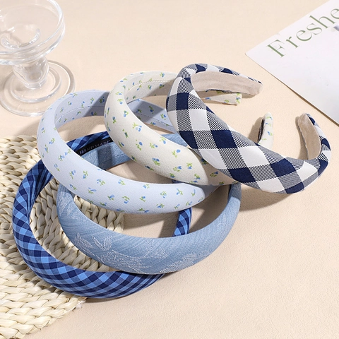 Koreanischer Stil Gepolsterter Schwamm Haarband Für Damen Frisch Blumen Karomuster Handgemacht Breit Verdickt Stoff Stirnband Zubehör