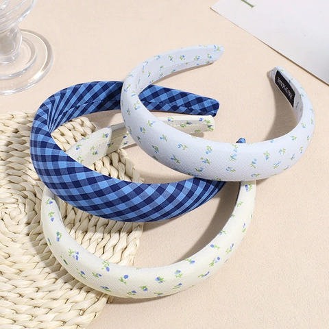 Koreanischer Stil Gepolsterter Schwamm Haarband Für Damen Frisch Blumen Karomuster Handgemacht Breit Verdickt Stoff Stirnband Zubehör