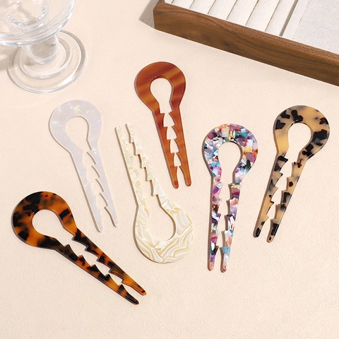 Elegant U-Shaped Resin Hair Stick For Women Anti-Slip Retro Tortoiseshell Pattern Hair Fork For Bun Updo Hair Accessories