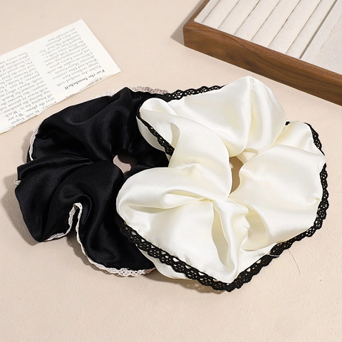 French Elegant Satin Scrunchie With Lace Trim Large Hair Tie Contrast Color Elastic Hair Band For Women Hair Accessories