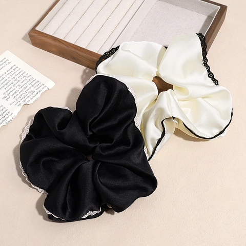 French Elegant Satin Scrunchie With Lace Trim Large Hair Tie Contrast Color Elastic Hair Band For Women Hair Accessories