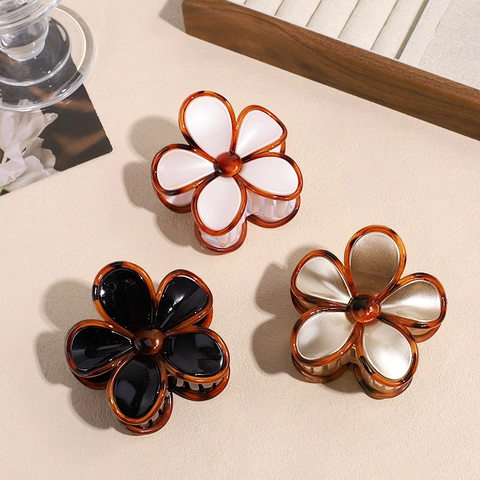 Vintage Bloem Haarklem Contrastkleur Acetaat Florale Haarpeld Elegante Half Gebonden Haarclip Voor Vrouwen Mode Haaraccessoires