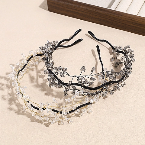 Handmade Crystal Beaded Headband Korean Style Elegant Rhinestone Artificial Pearl Woven Hair Hoop For Women Wedding Party