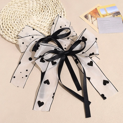 Schwarz Weiß Punktmuster Herz Blumen Schmetterling Schleife Haarspange Mit Band Süß Koreanischer Stil Haarschmuck Für Damen