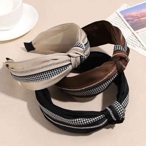 Vintage Wide Fabric Knotted Headband For Women Elegant Satin Rhinestone Houndstooth Bow Hairband Fashion Hair Accessories