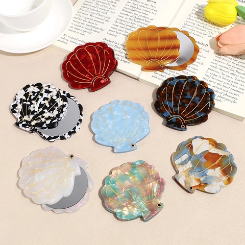 French Vintage Shell Shape Acetate Folding Pocket Mirror Portable Mini Makeup Mirror For Women High-End Travel Vanity Mirror
