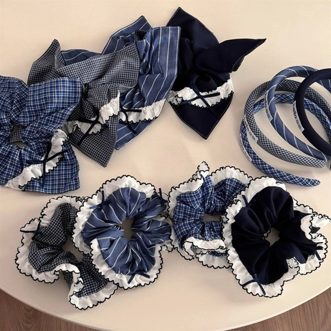 Women Navy Blue Plaid Striped Fabric Scrunchies Headbands Set With Bowknot Ruffle Korean Sweet Daily Hair Accessories