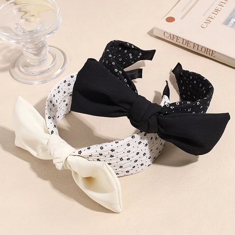Damen Koreanischer Stil Großer Bogen Haarreif Schwarz Weiß Floral Stoff Breiter Rand Haarband Süße Vintage Kopfschmuck Accessoires