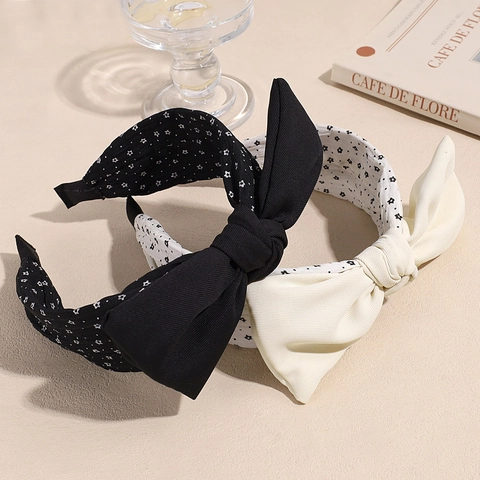 Damen Koreanischer Stil Großer Bogen Haarreif Schwarz Weiß Floral Stoff Breiter Rand Haarband Süße Vintage Kopfschmuck Accessoires