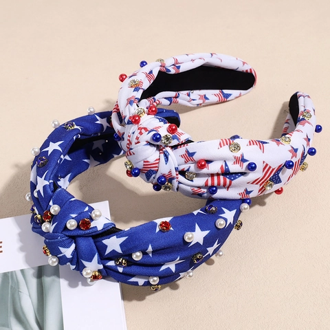 Cerchietto con Nodo Giorno dell'Indipendenza Americana Strass Künstliche Perle Sintetiche Stelle Strisce Rosso Bianco Blu Fascia Larga in Tessuto