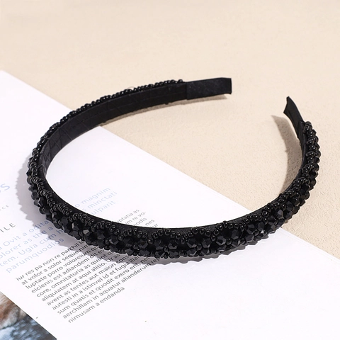 Cerchietto in Raso Imbottito con Perline di Cristallo Nero Fatto a Mano Fascia Alice Elegante Vintage Accessori Capelli Donna Festa