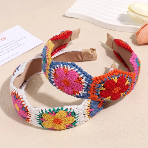 Bohemian Handmade Crochet Flower Headband For Women Wide Knitted Floral Hair Band Sweet Retro Style Hair Accessories