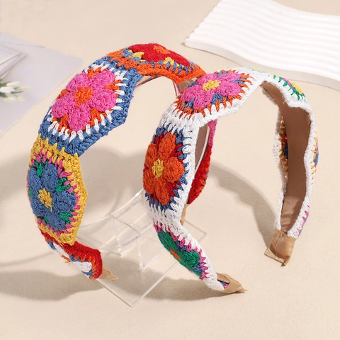 Bohemian Handmade Crochet Flower Headband For Women Wide Knitted Floral Hair Band Sweet Retro Style Hair Accessories