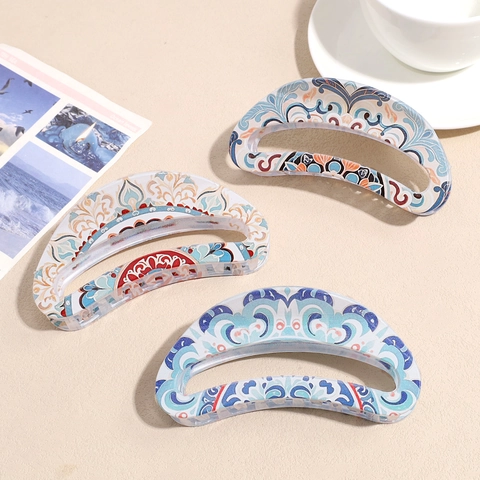 Pinza per Capelli Francese Vintage Mezzaluna Incisa per Donna Clip in Resina Stampata Elegante Accessorio per Capelli