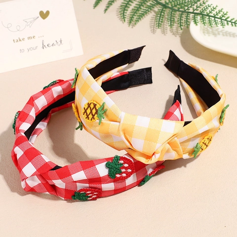 Diadema de Tela de Gingham Dulce Coreana Con Bordado de Frutas Fresa Cereza Nudo de Torsión Banda para el Cabello Antideslizante