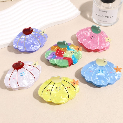 Pinza per Capelli Coreana in Acetato a Forma di Conchiglia Cartoon Smile Face Stella Marina con Strass Clip per Capelli Donna