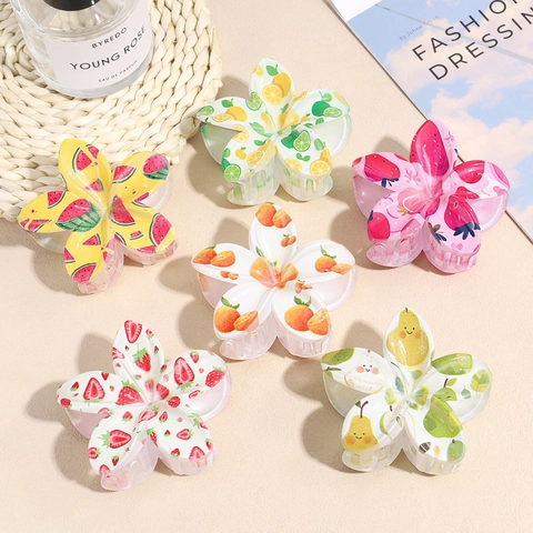 Mode Acryl Blume Haarkralle Süßer Sommer Fruchtdruck Erdbeere Wassermelone Zitrone Orange Haarschmuck Für Damen