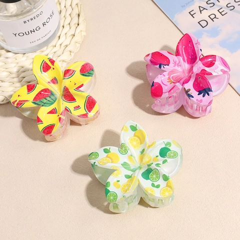 Mode Acryl Blume Haarkralle Süßer Sommer Fruchtdruck Erdbeere Wassermelone Zitrone Orange Haarschmuck Für Damen