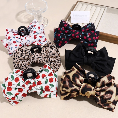 Grote Stof Strik Haarklem Luipaardprint Kers Patroon Vintage Paardenstaart Houder Knot Clip Voor Vrouwen Haaraccessoires