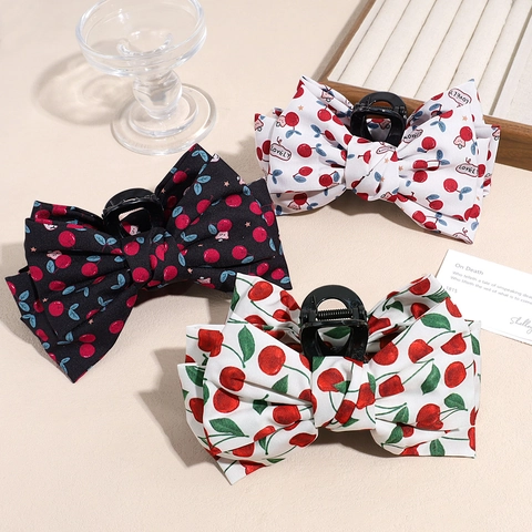 Grote Stof Strik Haarklem Luipaardprint Kers Patroon Vintage Paardenstaart Houder Knot Clip Voor Vrouwen Haaraccessoires