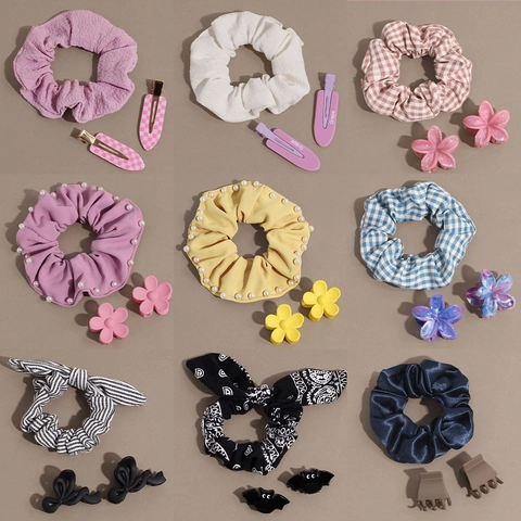 Elegante Set Di Elastici E Fermagli Per Capelli Per Ragazze Donne Vintage Perla Artificial Quadri Motivo Floreale Tessuto Satin Accessori Per Capelli