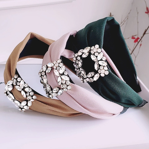 Dames Koreaanse Stijl Brede Rand Knoop Haarband Stof Ribbeltextuur Grote Vierkante Strass Decor Mode Haaraccessoires
