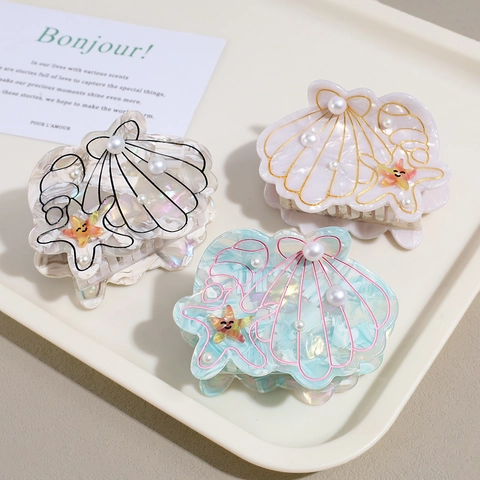 Acetate Seashell Hair Claw Clip With Faux Artificial Pearl Starfish Decor Marine Theme Ocean Style Hair Accessories For Women Girls
