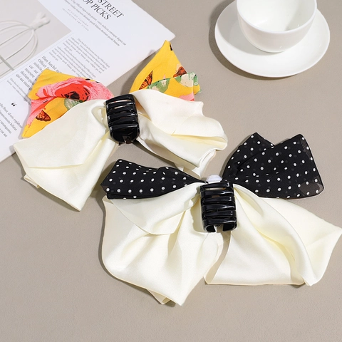 Pinza de Garra de Lazo Grande Satén Tela Perla Artificial de Imitación Dulce Elegante Accesorio para el Cabello para Mujer Estilo Lunares Floral
