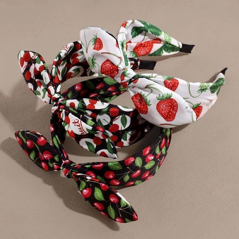Cerchietto Largo in Tessuto con Stampa Frutta Dolce Motivo Fragola Ciliegia Fiocco Nodo Incrociato Accessori per Capelli alla Moda per Donna