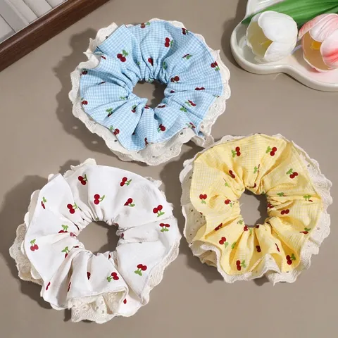 Coleteros de Encaje con Estampado de Cerezas y Cuadros Bandas para el Cabello de Tela Sherpa para Mujer Estilo Fresco de Verano Accesorios
