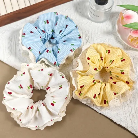 Coleteros de Encaje con Estampado de Cerezas y Cuadros Bandas para el Cabello de Tela Sherpa para Mujer Estilo Fresco de Verano Accesorios
