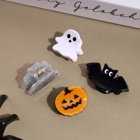 Mini Fermagli per Capelli in Acetato di Halloween Fantasma Zucca Ragnatela Pipistrello Teschio Cappello da Strega Accessori Capelli Donna
