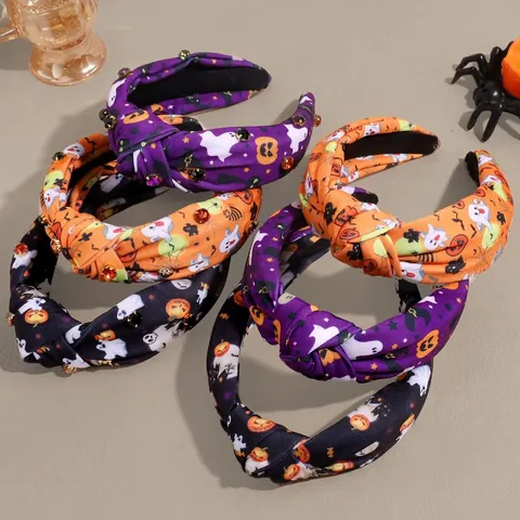 Halloween Knotted Wide Brim Rhinestone Headband For Women Pumpkin Ghost Printed Fabric Hair Accessory Fashion Holiday Party Headwear