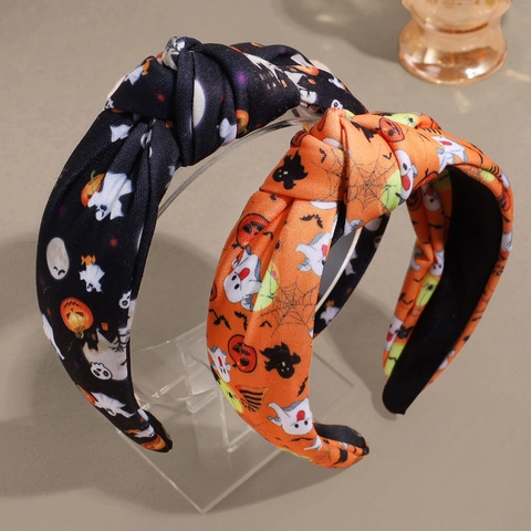 Halloween Knotted Wide Brim Rhinestone Headband For Women Pumpkin Ghost Printed Fabric Hair Accessory Fashion Holiday Party Headwear
