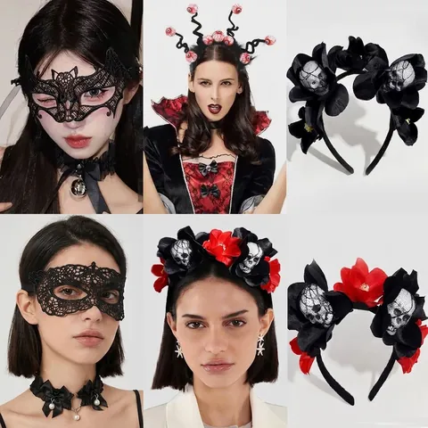 Maschera in Pizzo Gothic Halloween Cerchietto con Rosa e Teschio per Donna Cosplay Party Copricapo Fantasma Occhio Costume Accessorio