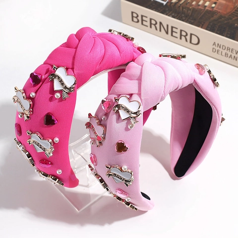 Retro Breed Geknoopt Stoffen Haarband Voor Dames Vintage Hart Strass Kunstparel Hoofdband Elegante Haaraccessoires