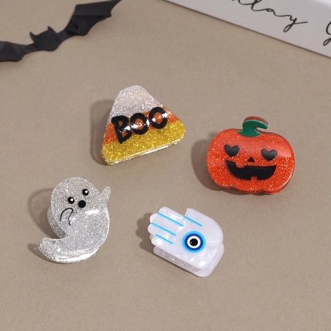 Mini Pinzas para el Cabello de Halloween con Purpurina Acrílico Murciélago Fantasma Gato Negro Calabaza Accesorios Festivos para Mujeres Niñas Joyería