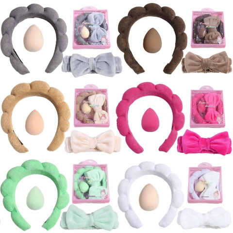 Women Skincare Makeup Headband Set Cloud Plush Headband Wristbands Flower Hair Clip Makeup Sponge Face Washing Beauty Tools Set